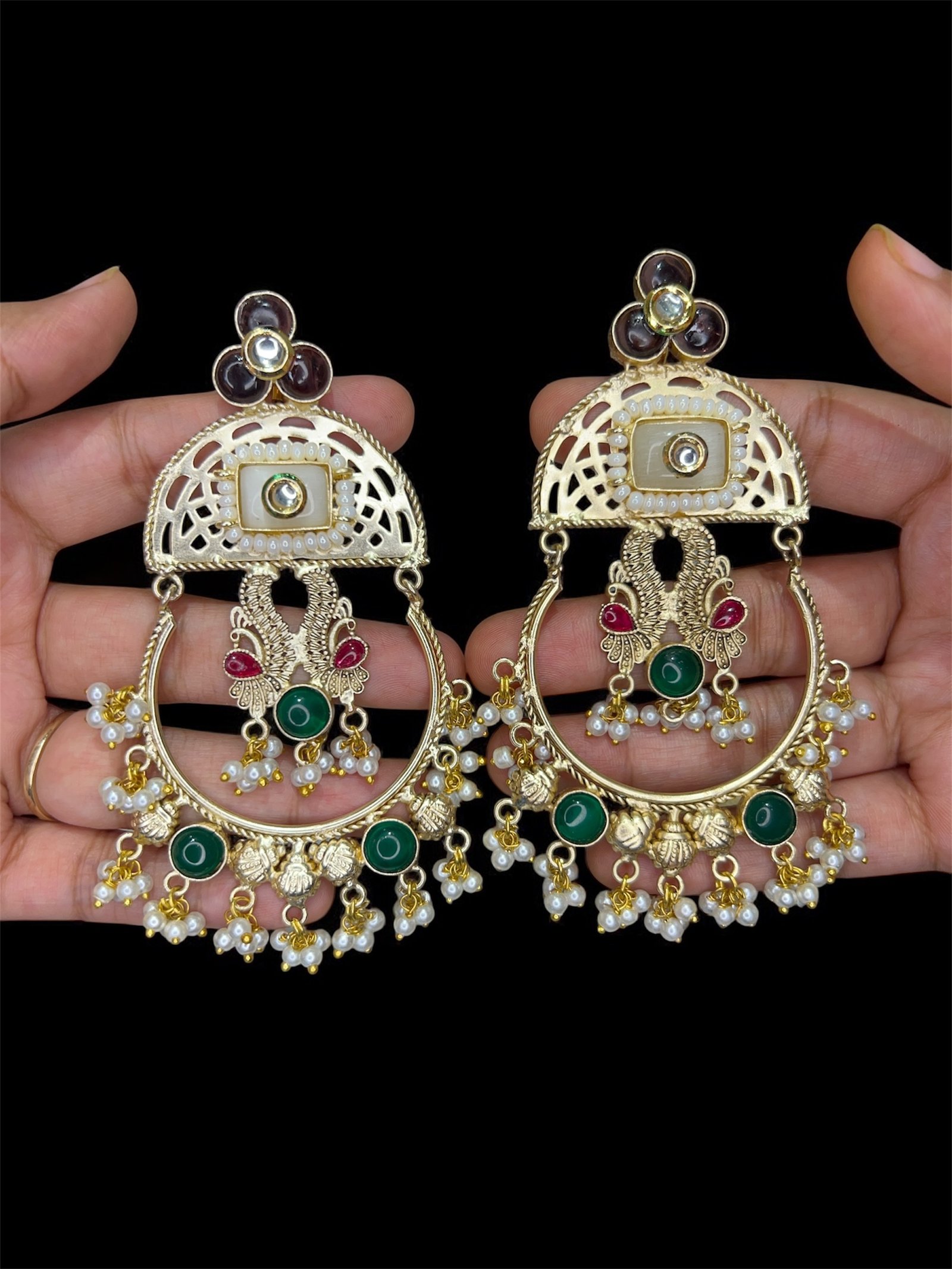 Antique Gold Peacock Kashmiri Earrings - Image 2