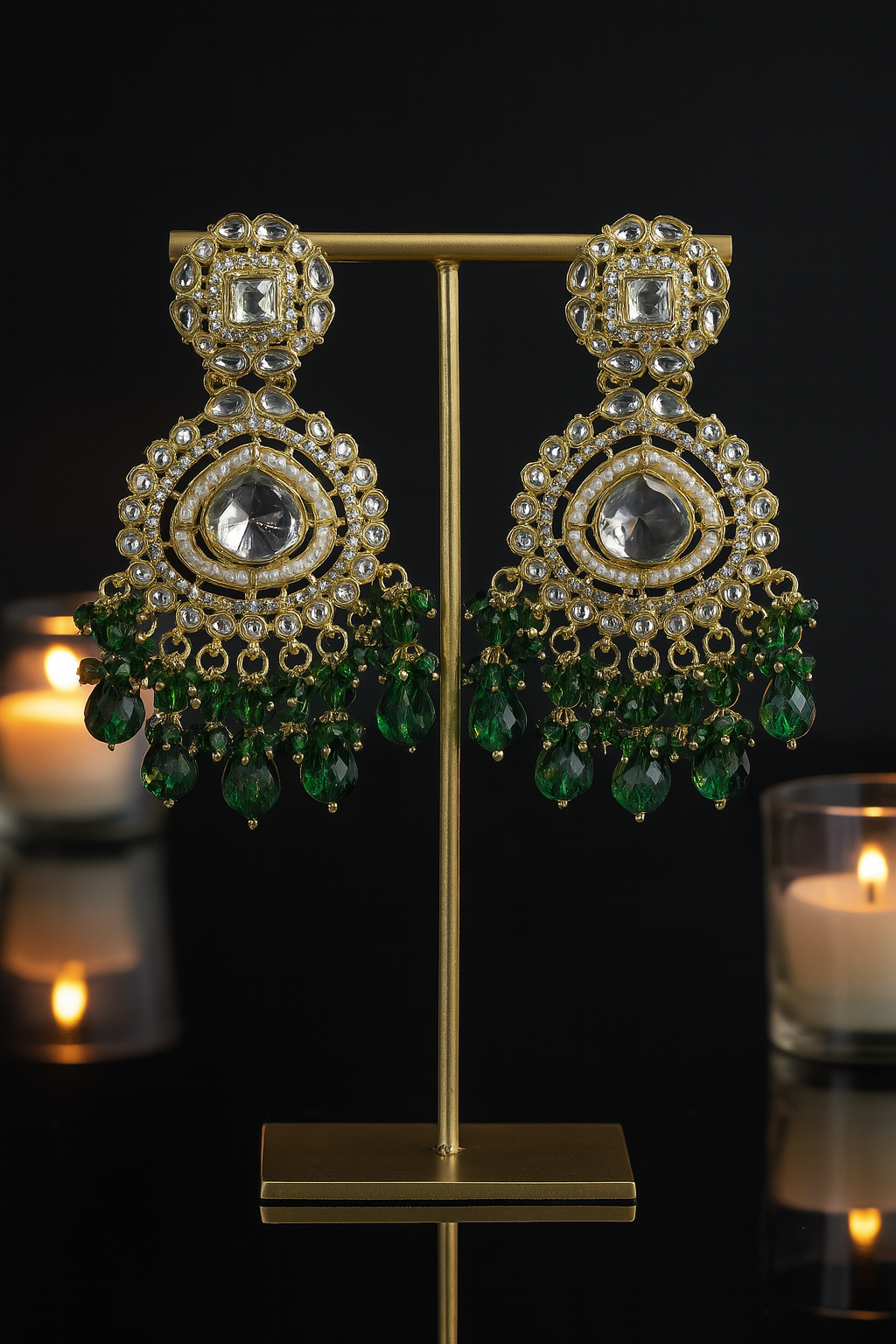 Emerald Radiance Kundan Polki Chandbali Earrings