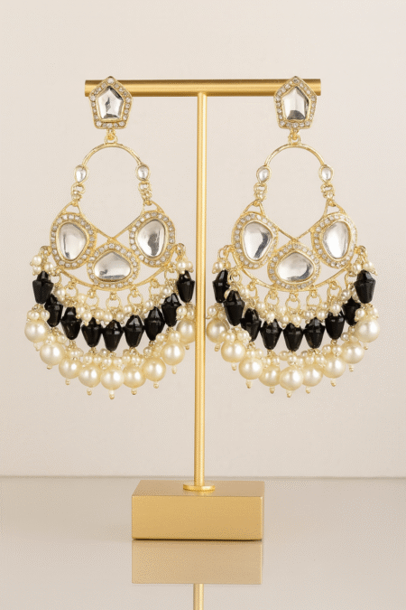 Black & White Kundan Pearl Chandbali Earrings