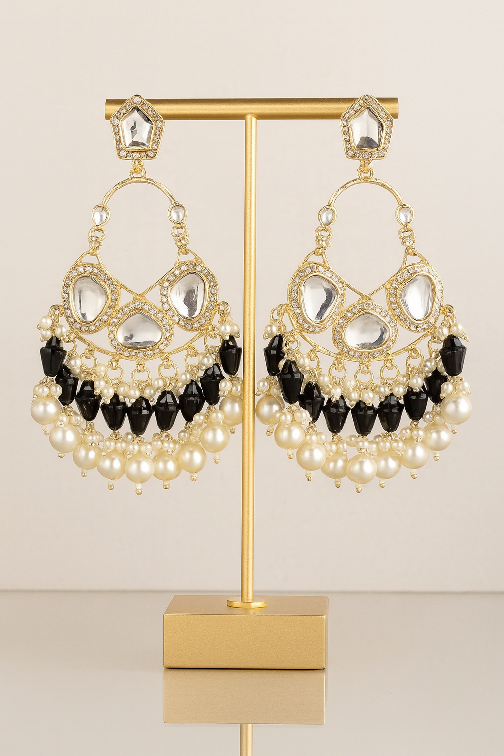 Black & White Kundan Pearl Chandbali Earrings
