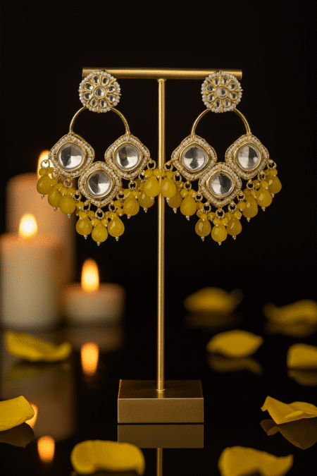 Yellow Kundan Mirror Earrings with Bead Hangings