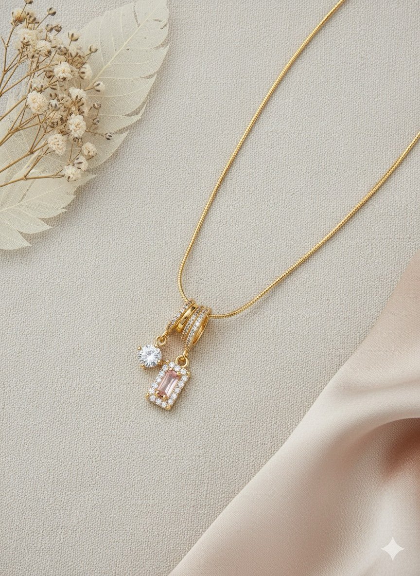 Dual Charm Gold Necklace with Pink Stone & Crystal Pendant - Image 4