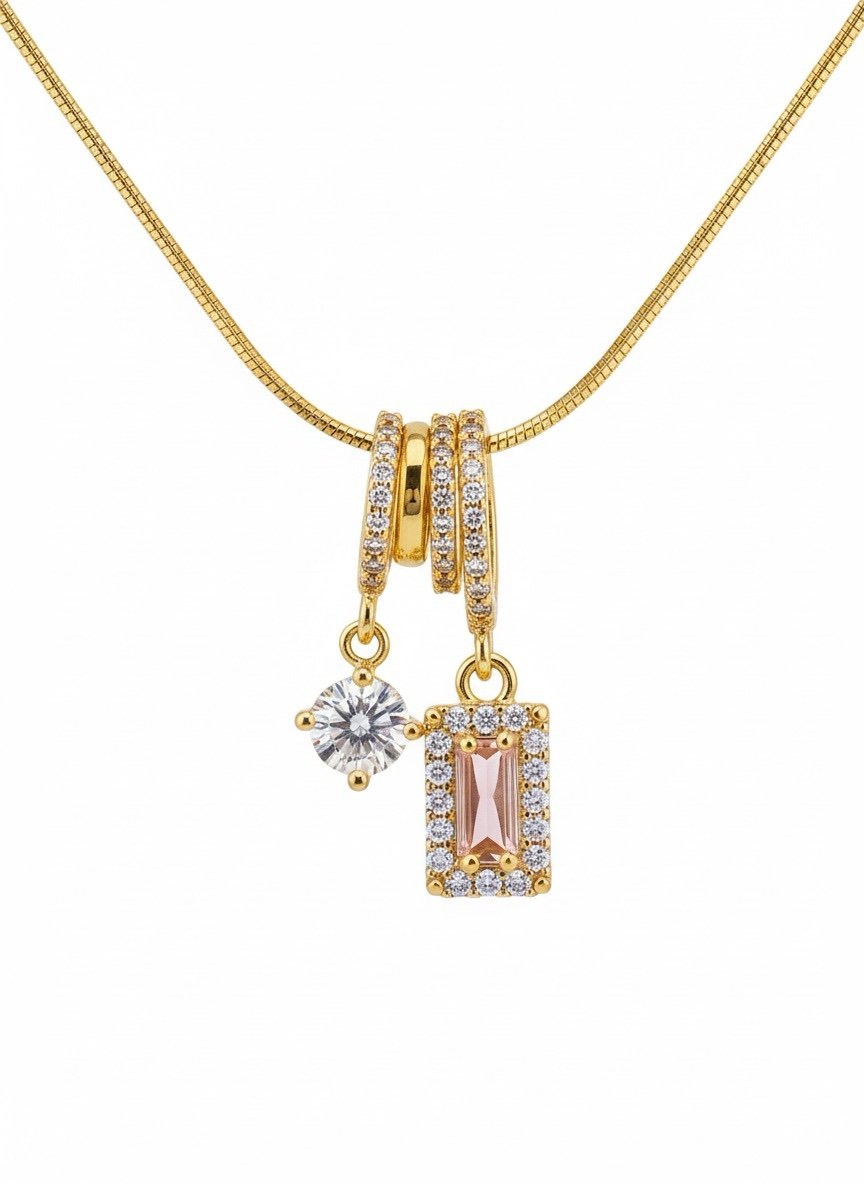 Dual Charm Gold Necklace with Pink Stone & Crystal Pendant - Image 3