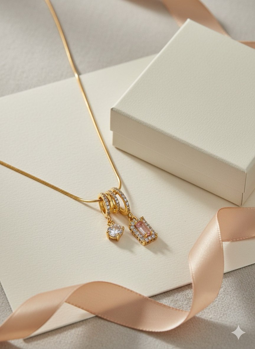 Dual Charm Gold Necklace with Pink Stone & Crystal Pendant