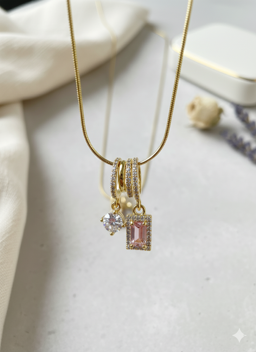 Dual Charm Gold Necklace with Pink Stone & Crystal Pendant - Image 5