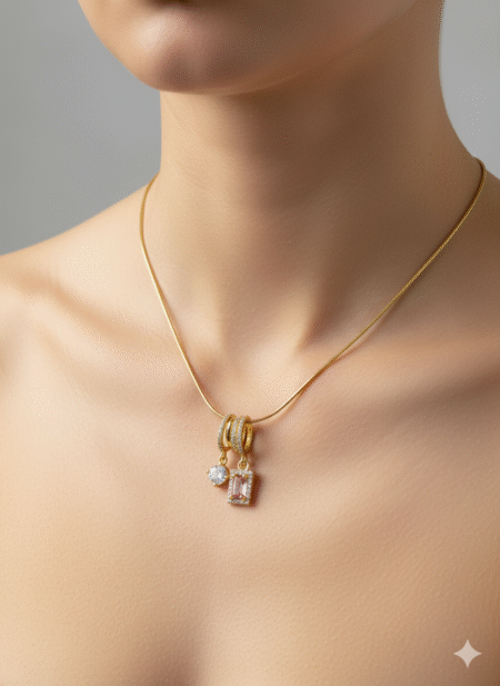 Dual Charm Gold Necklace with Pink Stone & Crystal Pendant