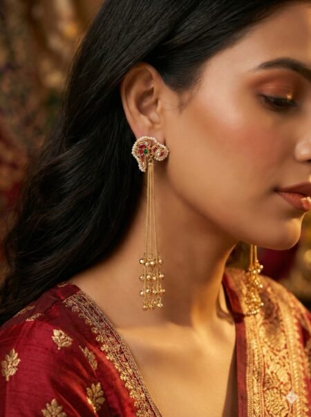 Kashmiri Kundan Motif Pearl Chain Drop Earrings in Matte Gold