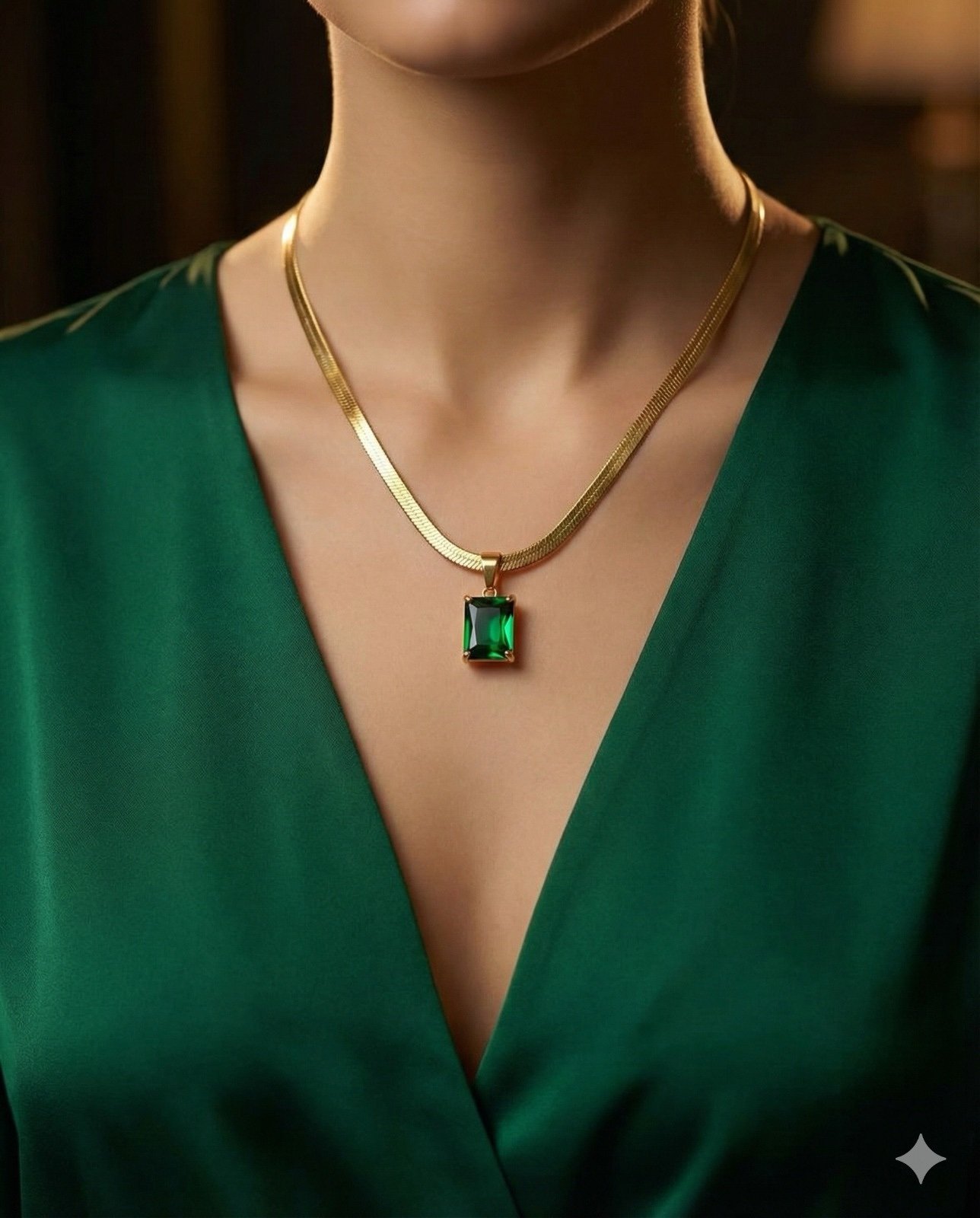 Elegant Emerald Green Stone Gold Pendant Necklace for Women | Anti Tarnish - Image 2