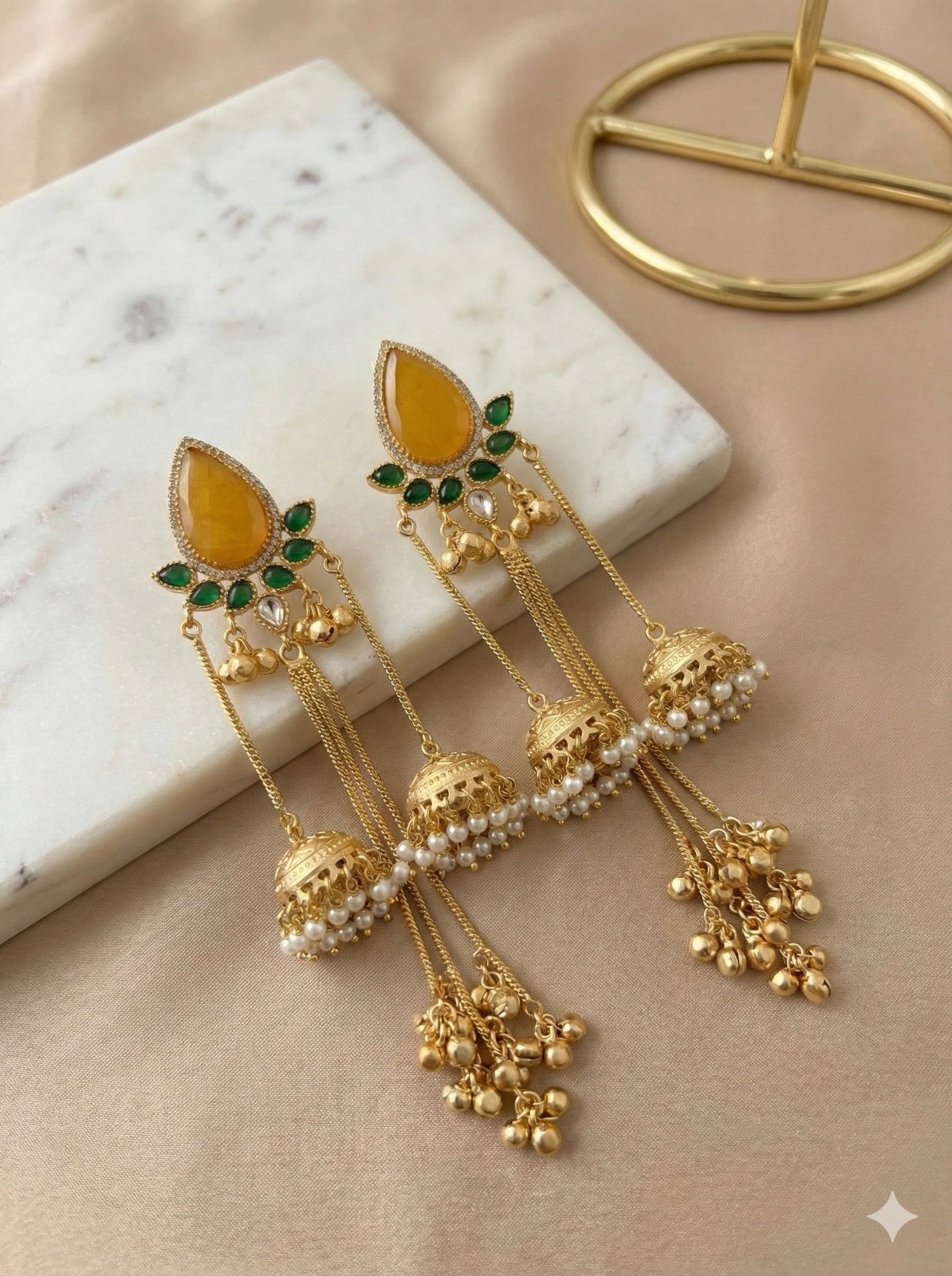 Kashmiri Matte Gold Pearl Drop Jhumka Earrings - Image 4