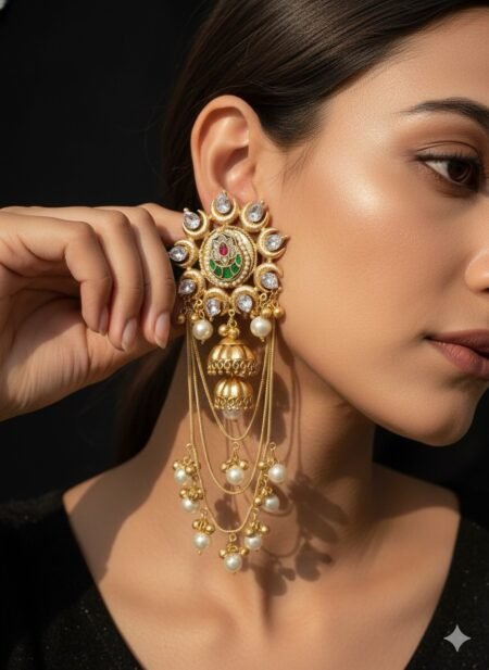Kashmiri Chandbali Pearl Layered Jhumka Earrings