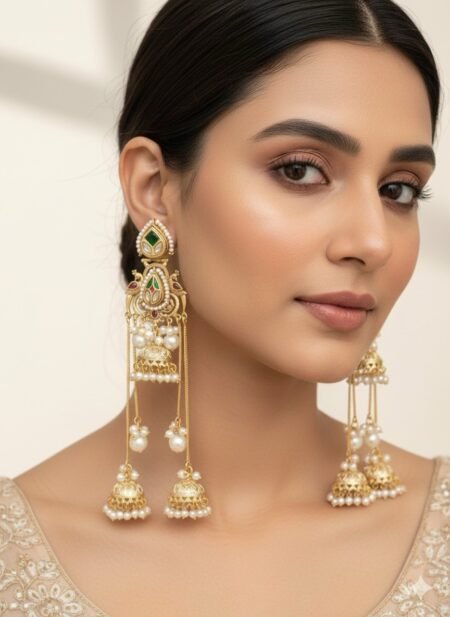Kashmiri Kundan Pearl Layered Long Jhumka