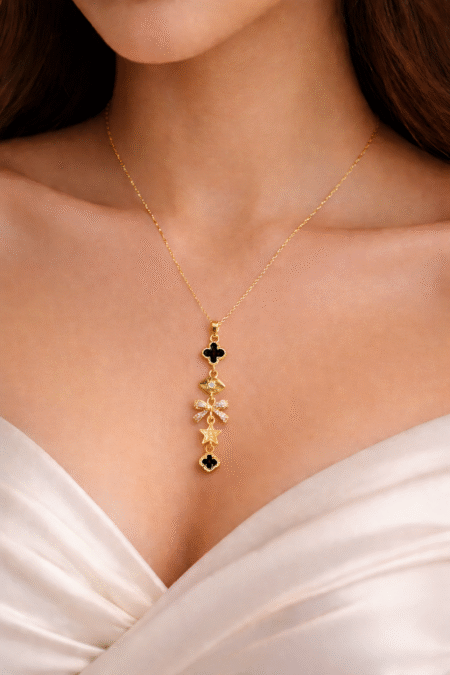 18K Gold Plated Black Clover Charm Necklace with Diamond Studded Bow & Star – Anti Tarnish