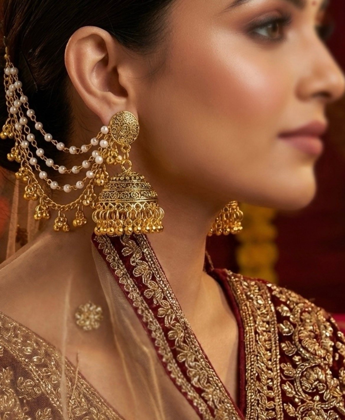 Royal Pearl Layered Jhumka Earrings with Ear Chain