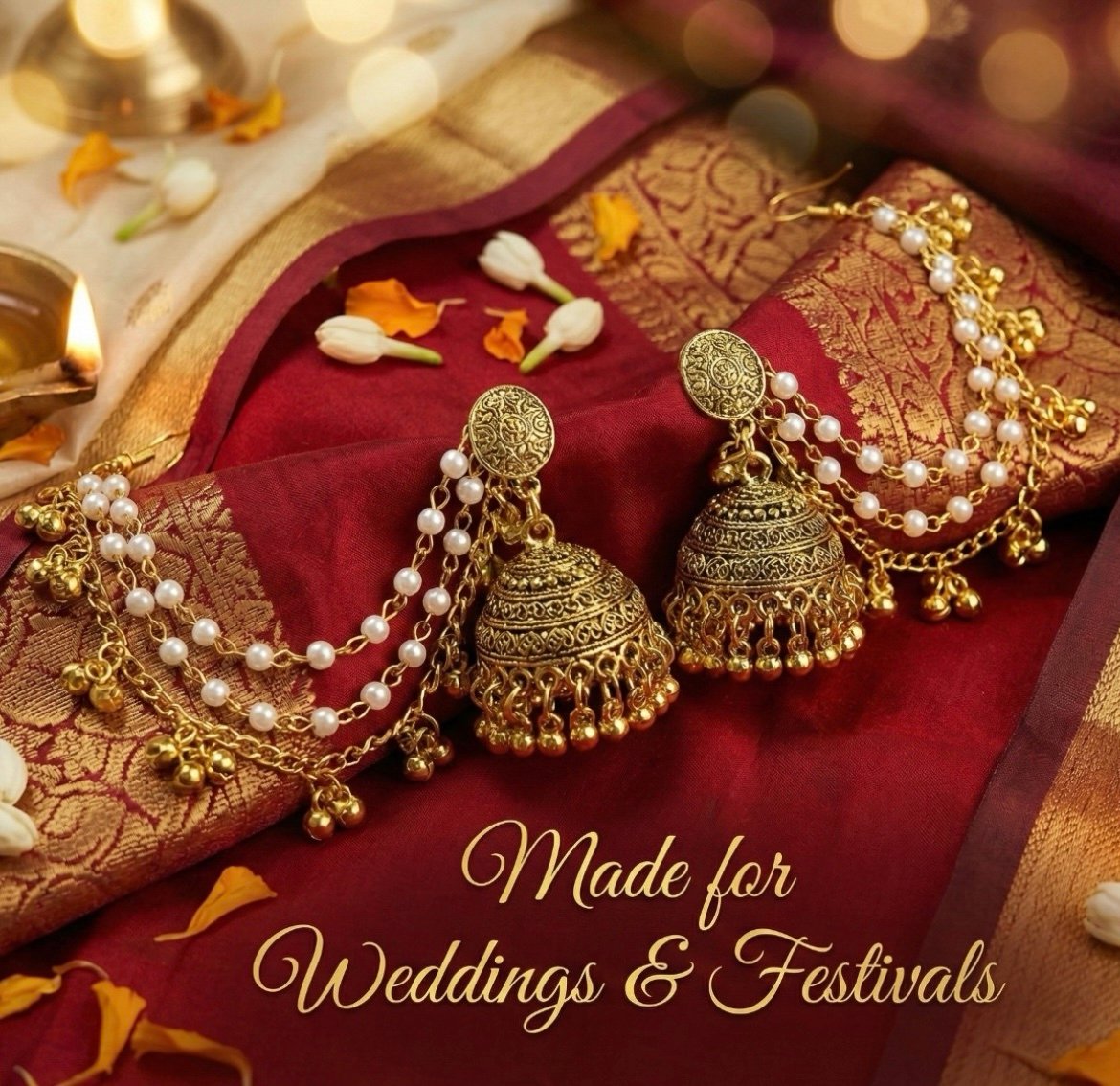 Royal Pearl Layered Jhumka Earrings with Ear Chain - Image 3