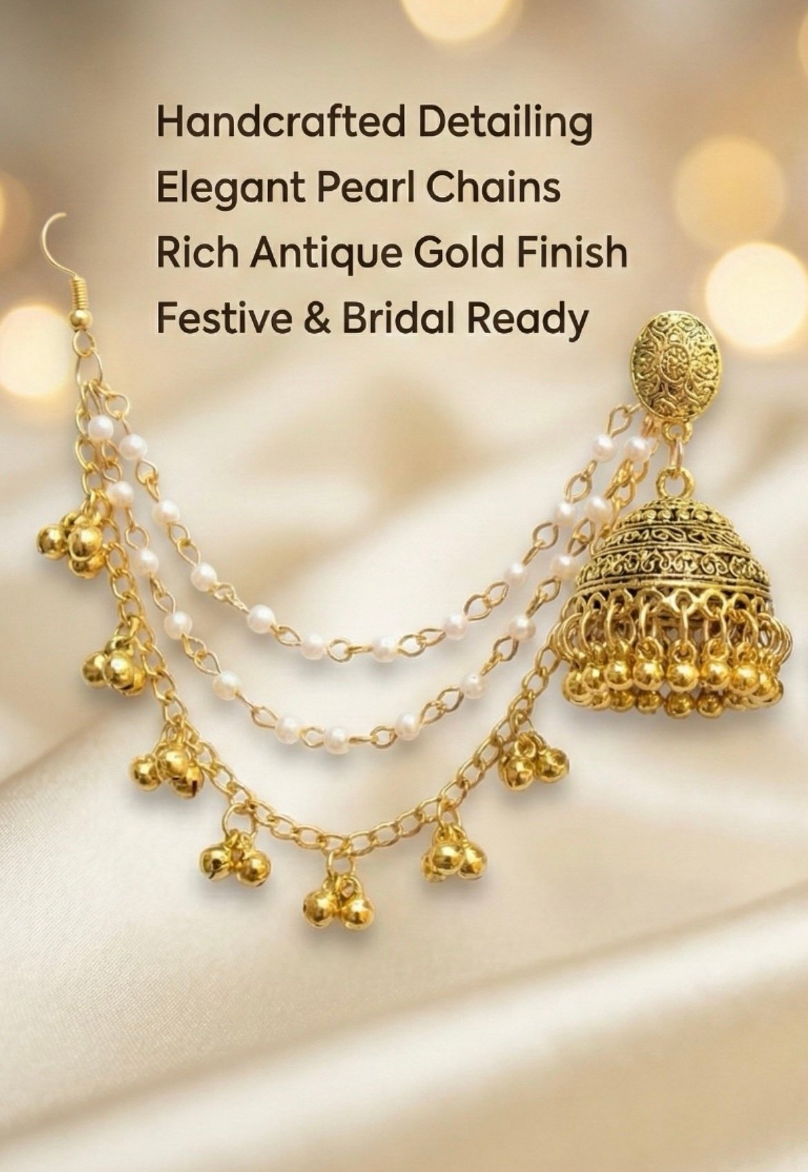 Royal Pearl Layered Jhumka Earrings with Ear Chain - Image 4