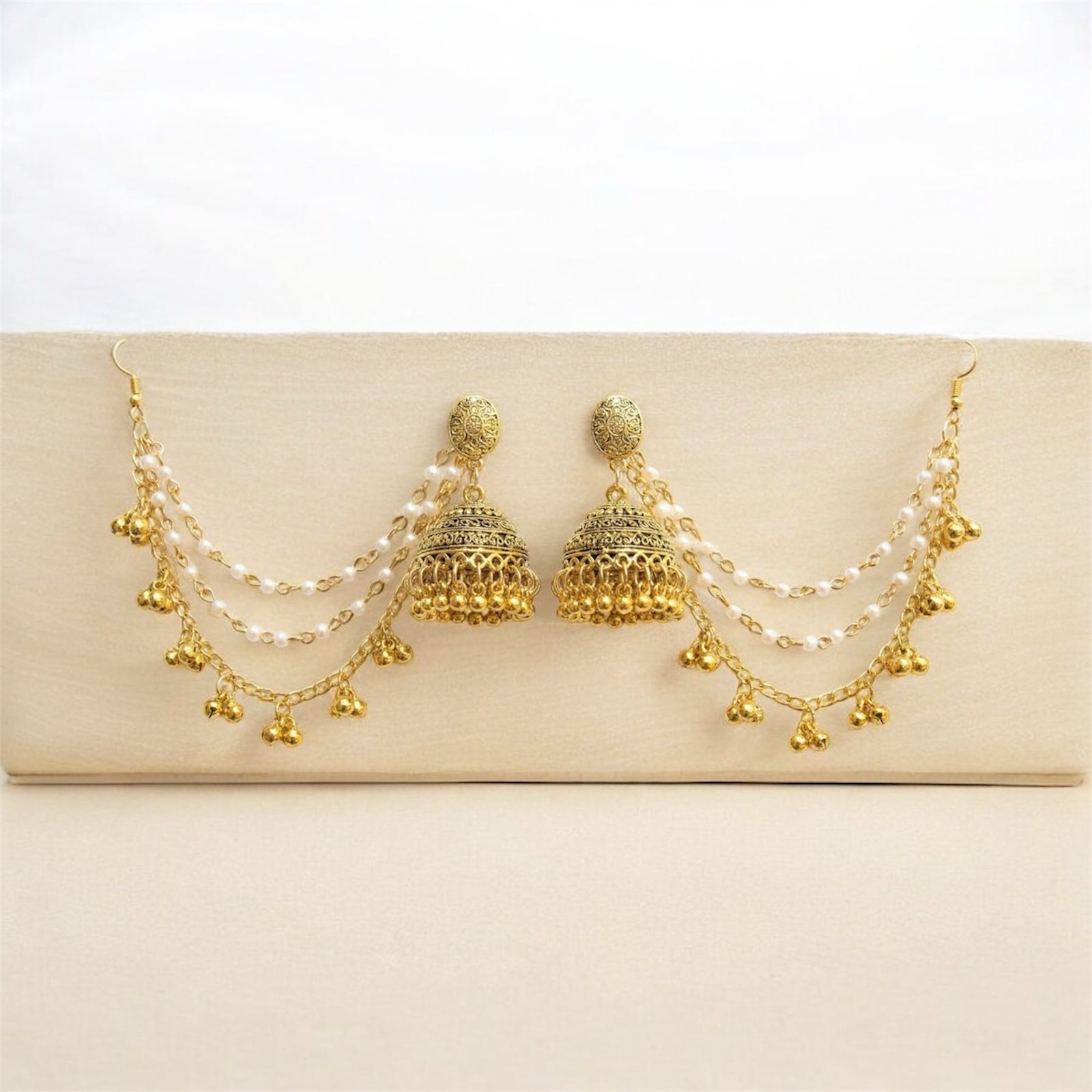 Royal Pearl Layered Jhumka Earrings with Ear Chain - Image 6