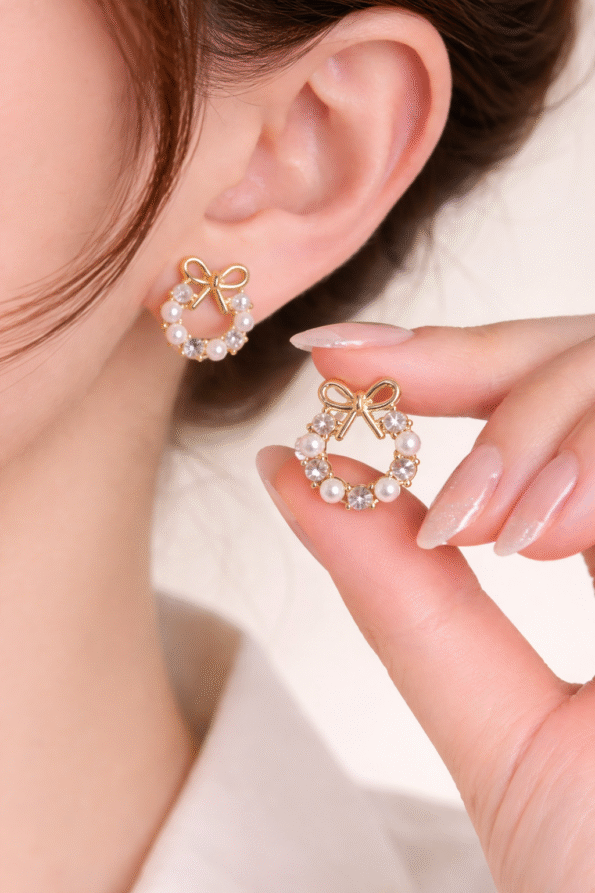 Gold Bow Pearl Stud Earrings with Pearl & Crystal Detailing