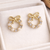 Gold Bow Pearl Stud Earrings with Pearl & Crystal Detailing