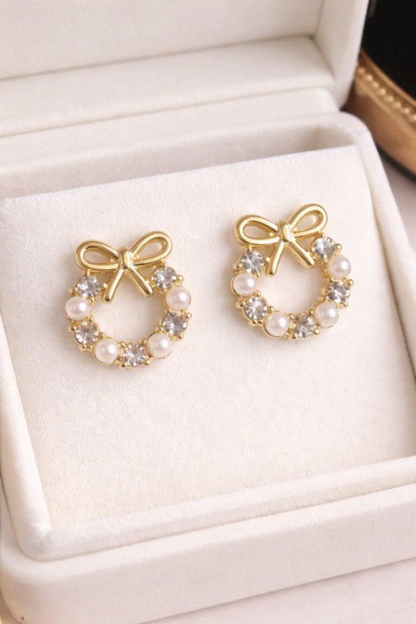 Gold Bow Pearl Stud Earrings with Pearl & Crystal Detailing