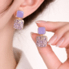 Purple Crystal Square Drop Earrings with Gold Plating and Stone Detailing