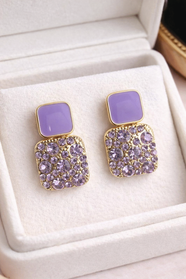 Purple Crystal Square Drop Earrings with Gold Plating and Stone Detailing