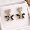 Gold Heart Bow Drop Earrings with Crystal Stud and Black Enamel Bow