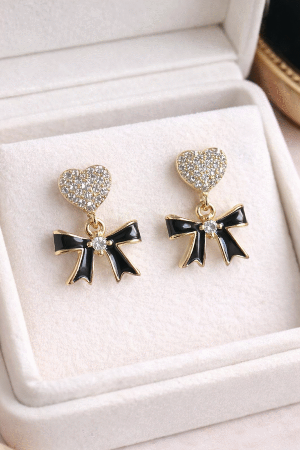 Gold Heart Bow Drop Earrings with Crystal Stud and Black Enamel Bow