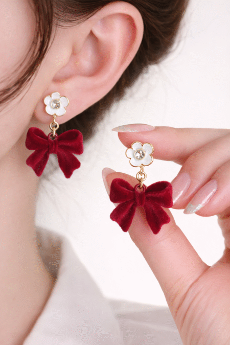 Red Velvet Bow Drop Earrings with White Flower Crystal Stud