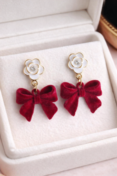 Red Velvet Bow Drop Earrings with White Flower Crystal Stud