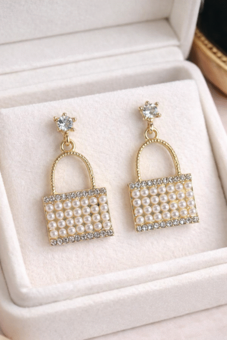 Pearl Handbag Drop Earrings with Gold Plating and Crystal Detailing