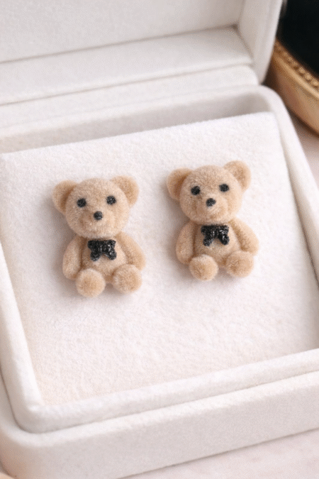 Teddy Bear Stud Earrings with Soft Plush Finish and Bow Detail