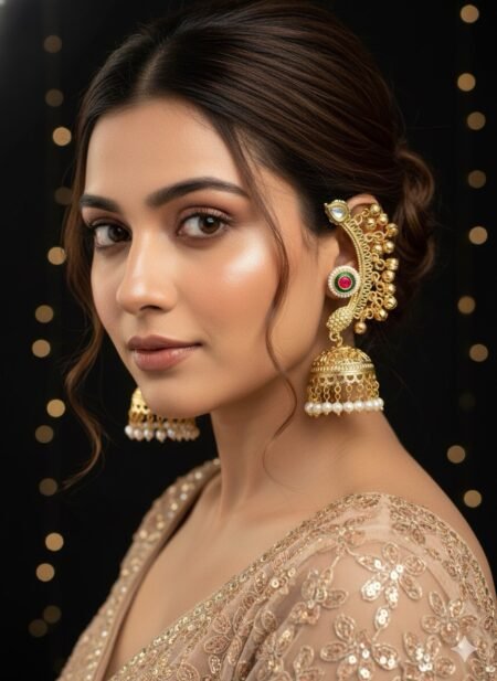 Antique Gold Peacock Jhumka Earrings in Anti-Tarnish Brass with Pearls & Kundan Work