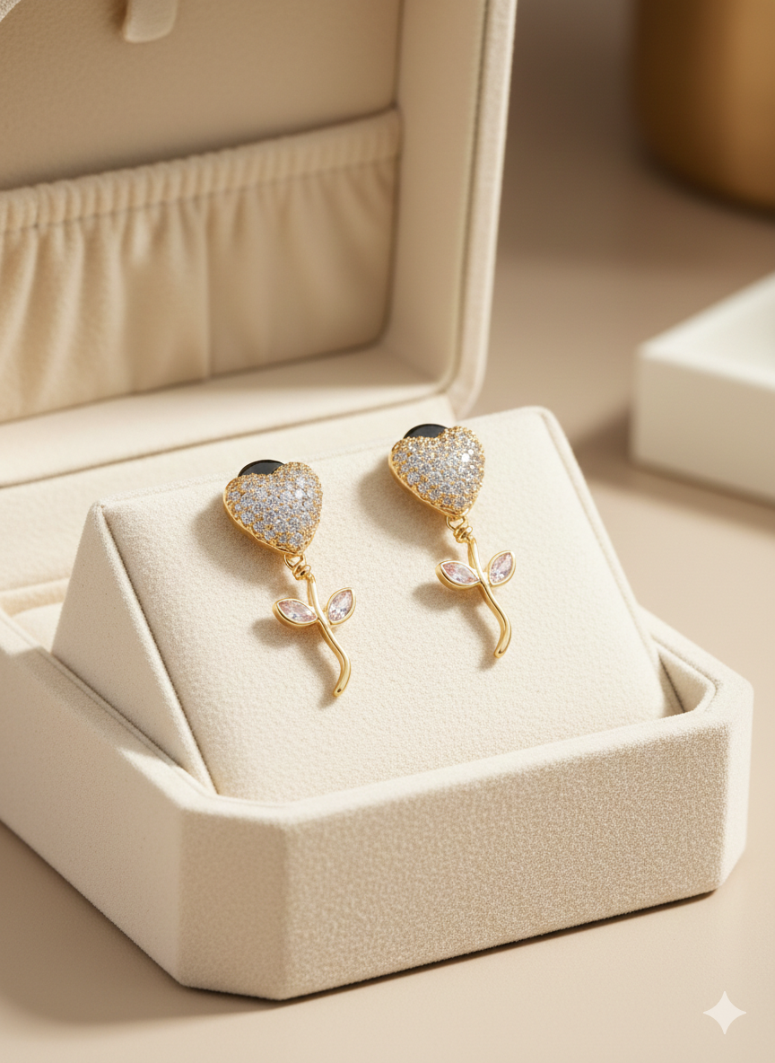 18K Gold Diamond Heart Stud Earrings – Anti Tarnish - Image 2