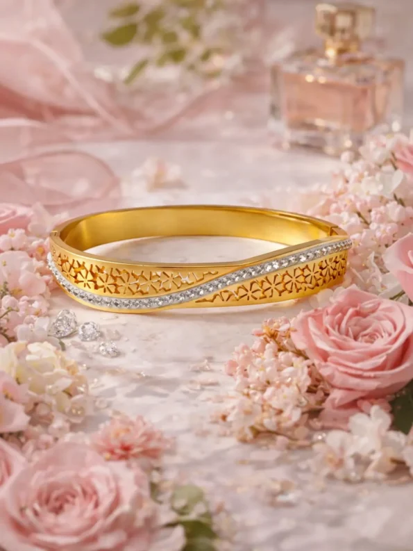 gold bracelet for women with floral design and crystal stones