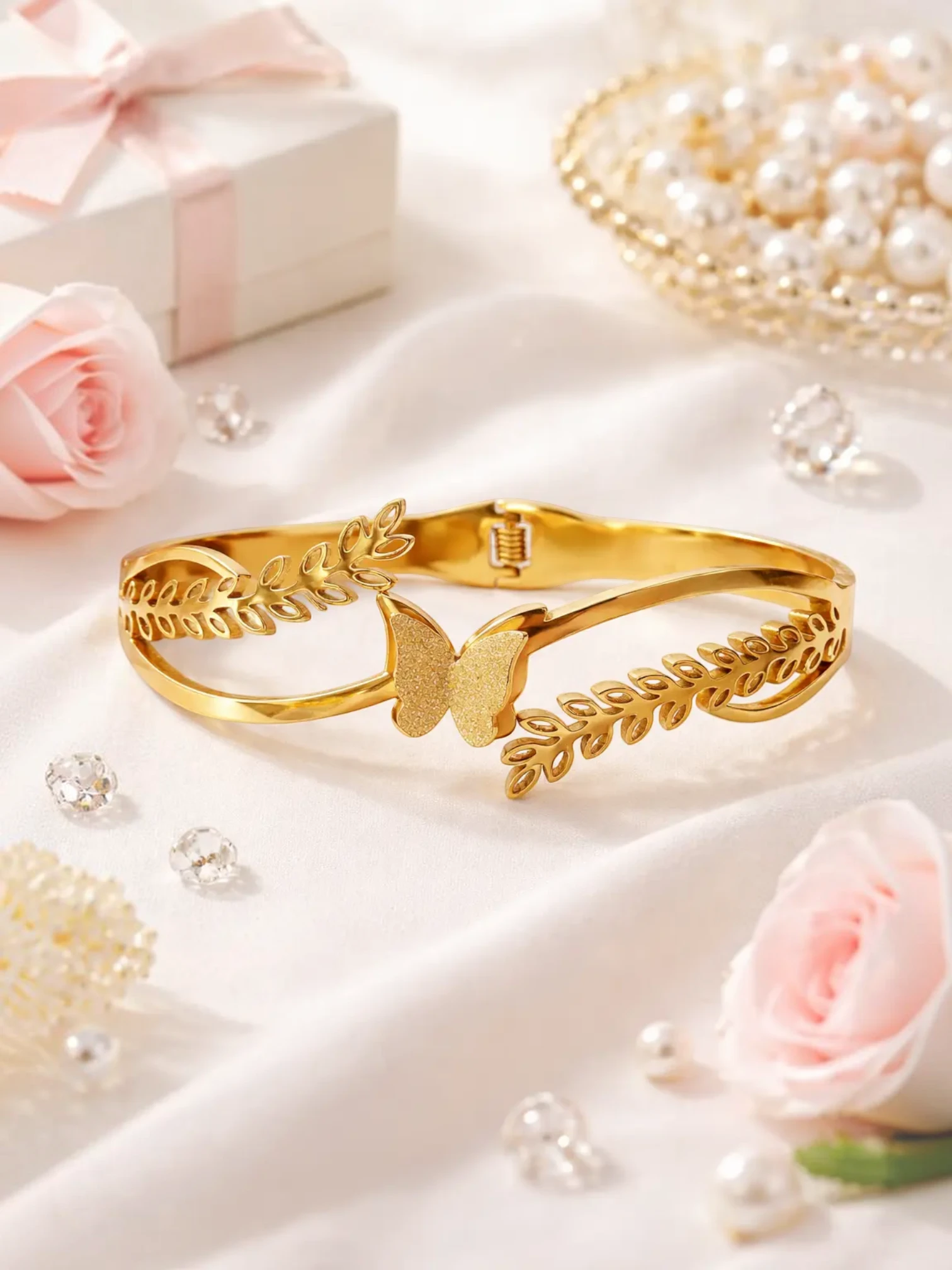 gold plated butterfly bracelet for women with leaf design