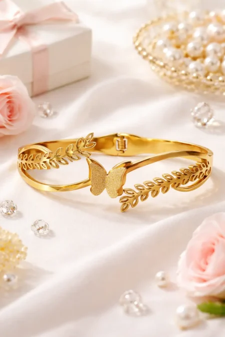 gold plated butterfly bracelet for women with leaf design