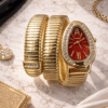Gold Red Dial Women Watch with Crystal Bezel and Ribbed Strap
