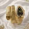 Luxury Gold Snake Wrap Bracelet Watch for Women with Black Dial and Crystal Bezel