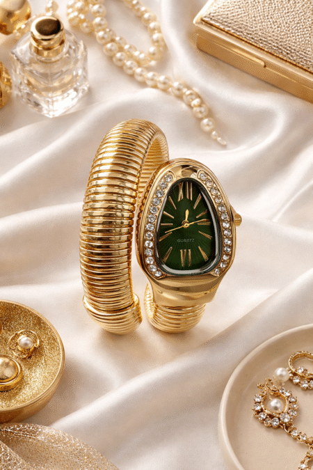 Gold Snake Wrap Bracelet Watch for Women Green Dial