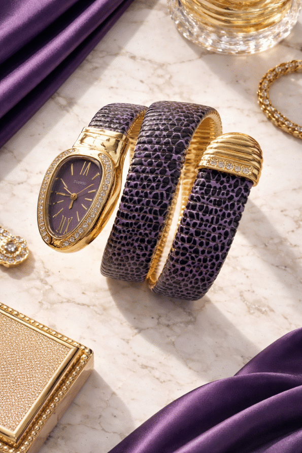 Royal Purple Snake Wrap Bracelet Watch for Women with Crystal Dial