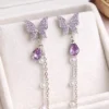 Purple Crystal Butterfly Tassel Stud Earrings for Women