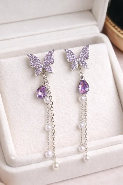 Purple Crystal Butterfly Tassel Stud Earrings for Women