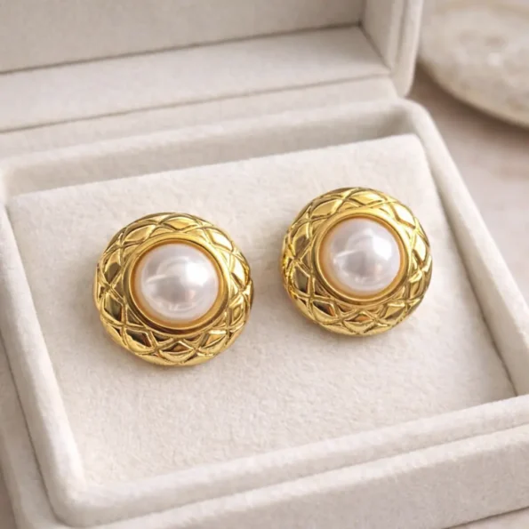 Gold Pearl Dome Stud Earrings for Women
