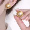 Gold Pearl Dome Stud Earrings for Women