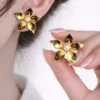 Gold Floral Pearl Stud Earrings for Women
