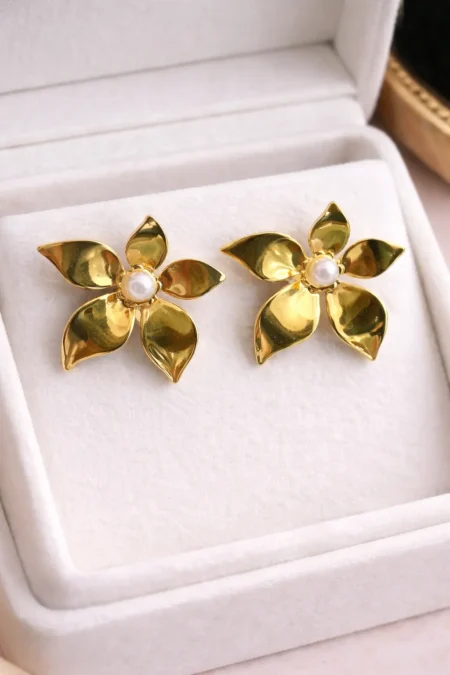 Gold Floral Pearl Stud Earrings for Women