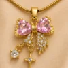 Pink Bow Charm Pendant Necklace Gold Plated Necklace for Women