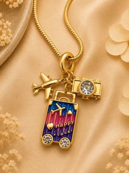 Travel Charm Pendant Necklace Gold Plated Airplane Camera Suitcase Necklace for Women