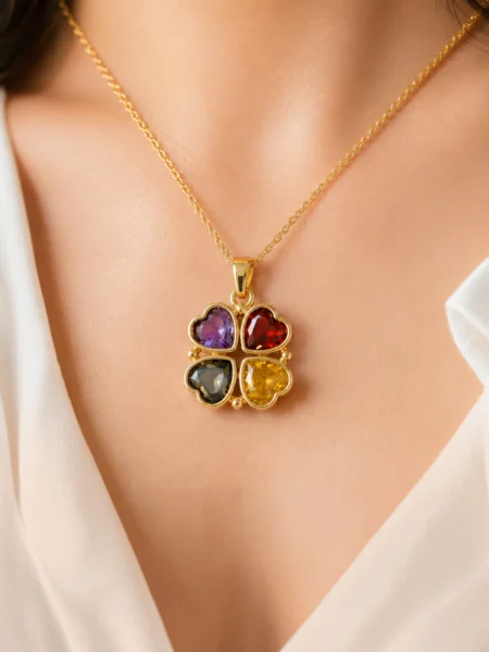 Lucky Clover Crystal Pendant Necklace with colorful heart shaped crystals