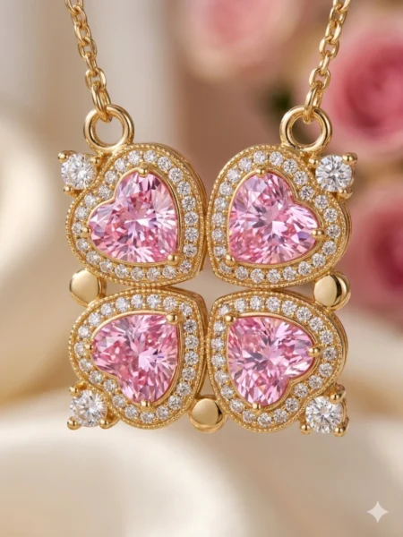 Pink Heart Clover Pendant Necklace